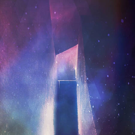 Stairwell: Abstract photo edit of a tall, narrow shaft with pastel nebula hues and floating particles. Originally the picture of a stairshaft taken at my old university.