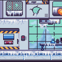 [mNSF] Frozen Lab: Pixel‑art ruined laboratory interior rimed with icicles, consoles, and frosty pipes. Made with asset pack content.
