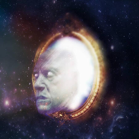 Mirrorman: An ornate oval frame in space with a pale, spectral face emerging like a haunted portrait. Image edit taken from a frame of an Iron Man clay sculpture video.