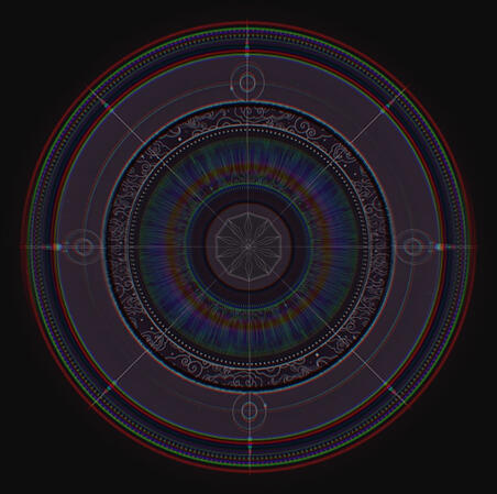 Sigil: A concentric, colored “magic circle” packed with filigree and lines with subtle RGB offsets over a black background.