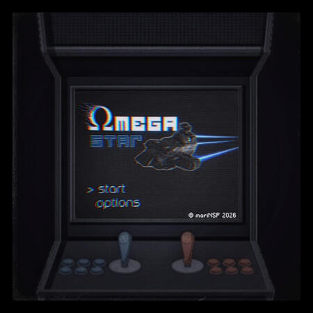 [mNSF] OmegaStar: Retro arcade cabinet in a dark setting displaying the title screen of a fictional game called “Omega Star.” The screen shows a stylized spaceship with blue thruster trails and menu options “Start” and “Options.” Two joysticks and rows of