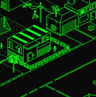 IsoStreet: Isometric street drawn in bright green lines on black with houses, poles, and tiny figures. Made on MSPaint.
