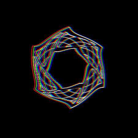 Hexvoid A: A Glitchy-RGB hexagonal pattern made of colored pixel wireframes over a black background.