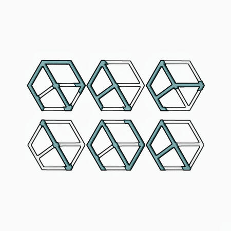 Nametube: Six identical teal-and-white hexagonal shapes in two rows on white, looking graphic and clean. The teal elements on each hexagon creates a letter, and the shapes spell out M A R I N A.