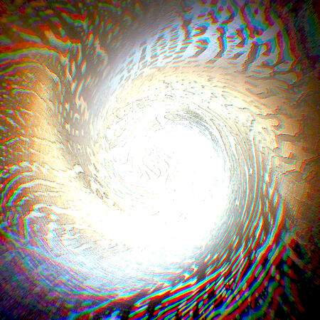 Vortex Foam: Bright whirlpool of light with chromatic ripples and noisy texture. Edit of a picture of soapy water scrubbed on the surface of a metal bowl.
