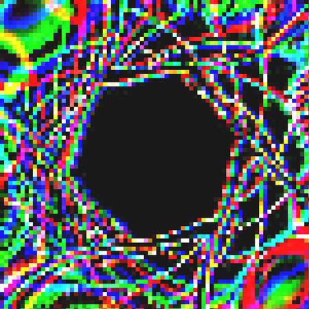 Hexvoid C: A glitchy-RGB hexagonal pattern consisting of a chunky, colored pixel mosaic spiraling into a dark hex hole.