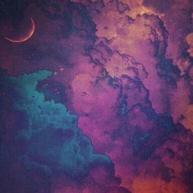 Satellite A: Image edit of a crescent moon, over sculpted orange/teal/purple storm clouds, in textured colorways.