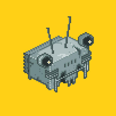 Toaster: Pixel art of a rectangular, grey, insectoid robot's head over a yellow background. Made on MSPaint.