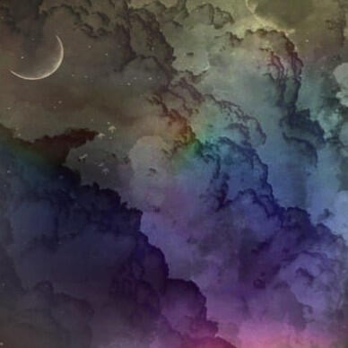 Satellite B: Image edit of a crescent moon, over sculpted purple/green/blue storm clouds, in textured colorways.