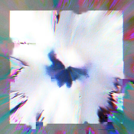 Liblikas: A glitchy, abstract image of a blurred butterfly-like shape at the center, exploding into bright light. Neon color streaks and blocky distortions radiate outward.