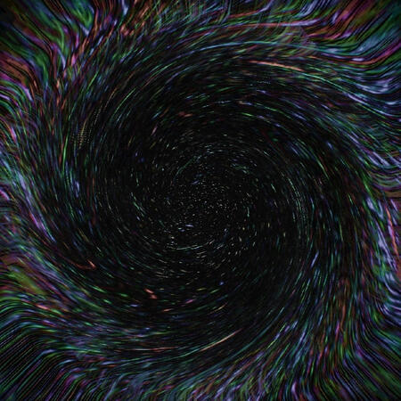 Cosmic: A swirling tunnel of multicolored filaments flowing into a starry black center.