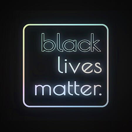 BLM: A minimalist square poster on black with “black lives matter.” in a soft neon gradient, like a glowing sign.