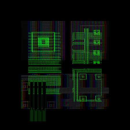 Access: A black background with a 2×2 grid of glitch-style digital graphics. Each panel shows layered geometric patterns resembling circuit layouts in bright green, with red and blue offsets creating an RGB split effect. Lines, grids, and rectangles overla