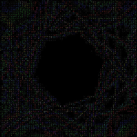 Hexvoid B: A glitchy-RGB hexagonal pattern made of a field of tiny rainbow dots around a hex void.