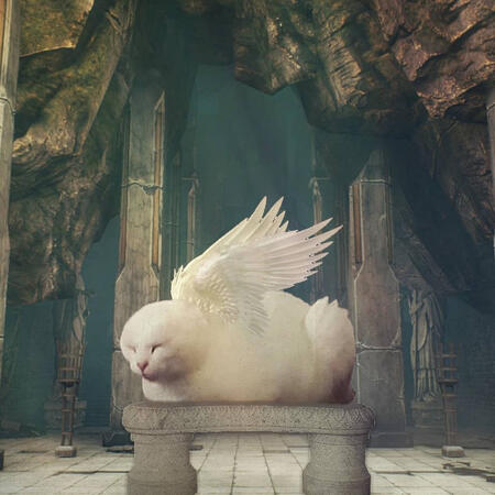 Catwing: Photo edit of an earless, fluffy white cat with angel wings resting on a stone bench inside a cavernous ruin. This is my cat, Wa.